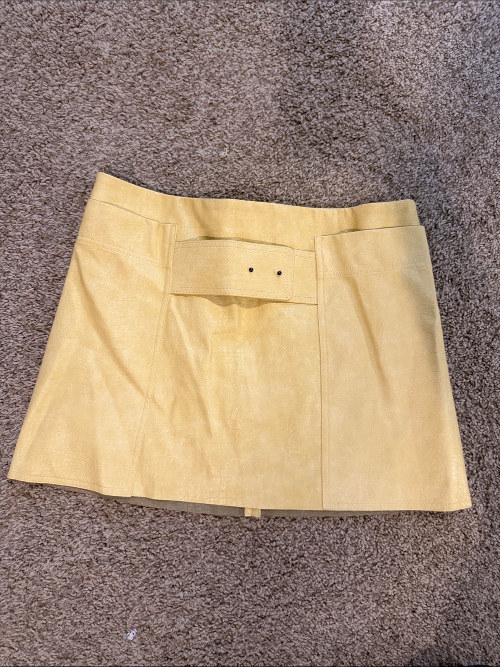 Yellow Faux Leather Mini Skirt with Front Belt Detail